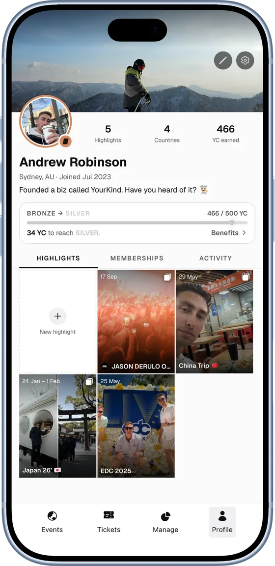 yourkind app profile with a grid of highlights